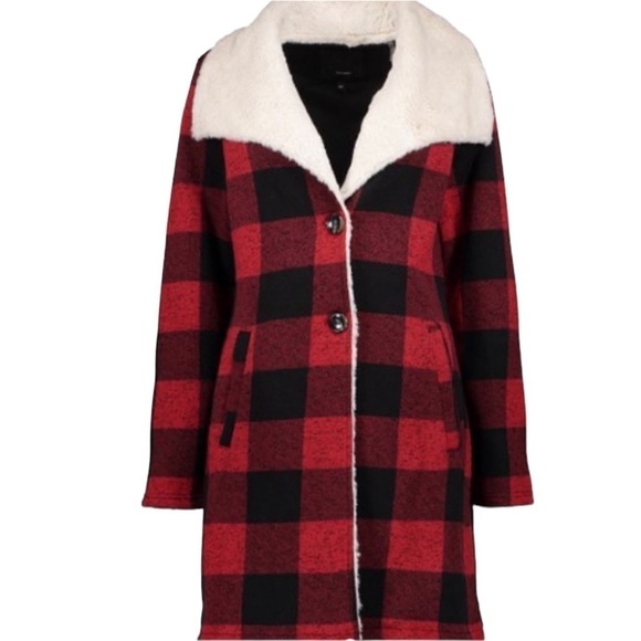 Steve Madden Plaid Faux Sherpa Collared Trench Coat NWT - Picture 2 of 16